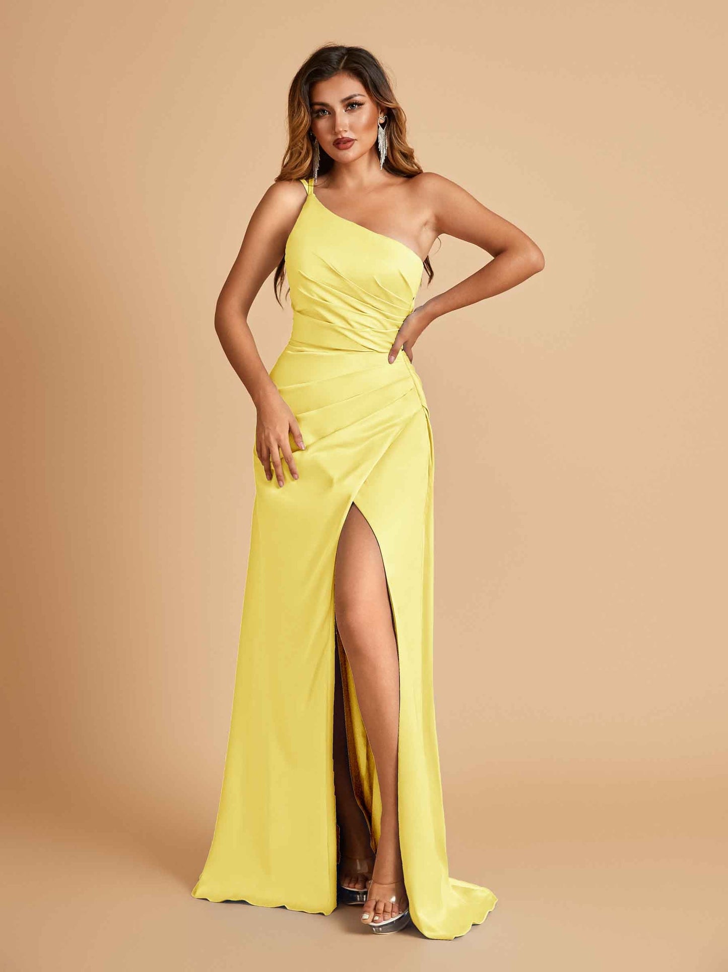Satin One Shoulder Sheath Prom Dresses Spaghetti Straps Side Slit Floor Length