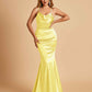 Satin Mermaid Open Back Bridesmaid Dresses Spaghetti Straps Scoop Floor Length