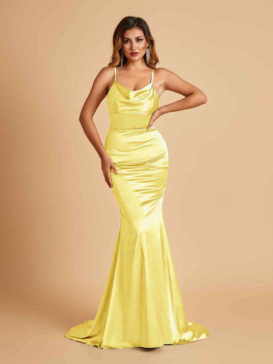 Satin Mermaid Open Back Bridesmaid Dresses Spaghetti Straps Scoop Floor Length