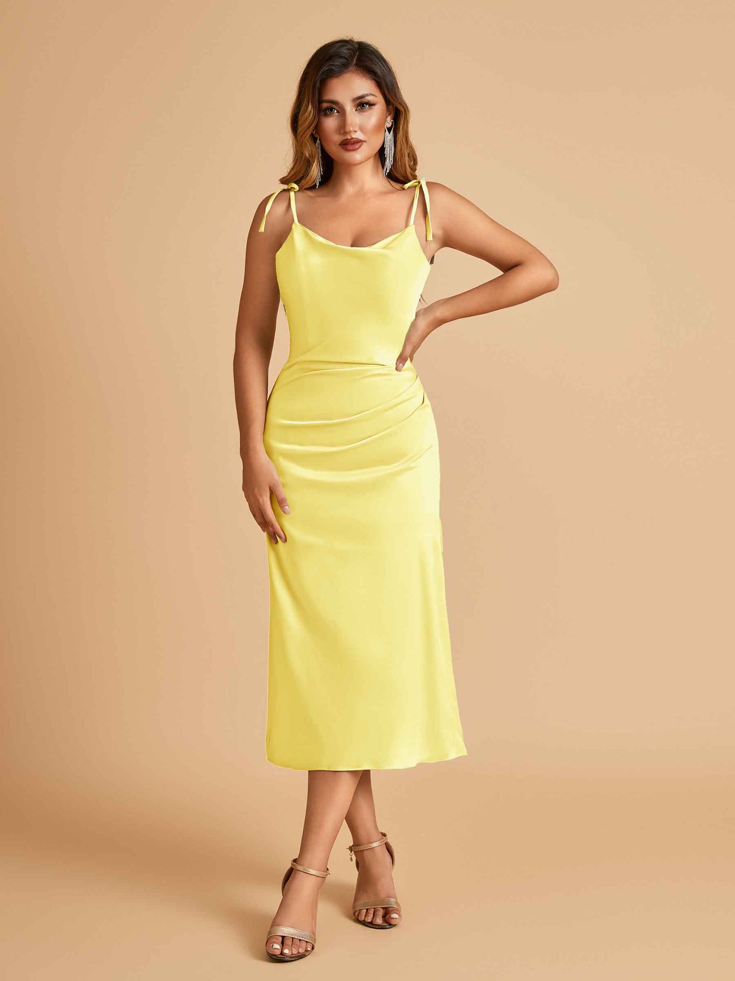 Sexy Satin Midi Bridesmaid Dresses Spaghetti Straps Slip Scoop Side Slit