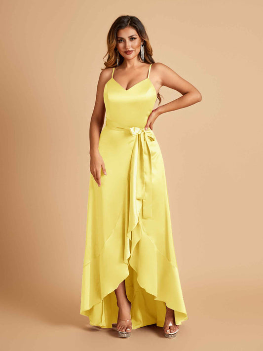 Satin Asymmetric V-neck Bridesmaid Dresses Sleeveless Side Slit A-line Unique