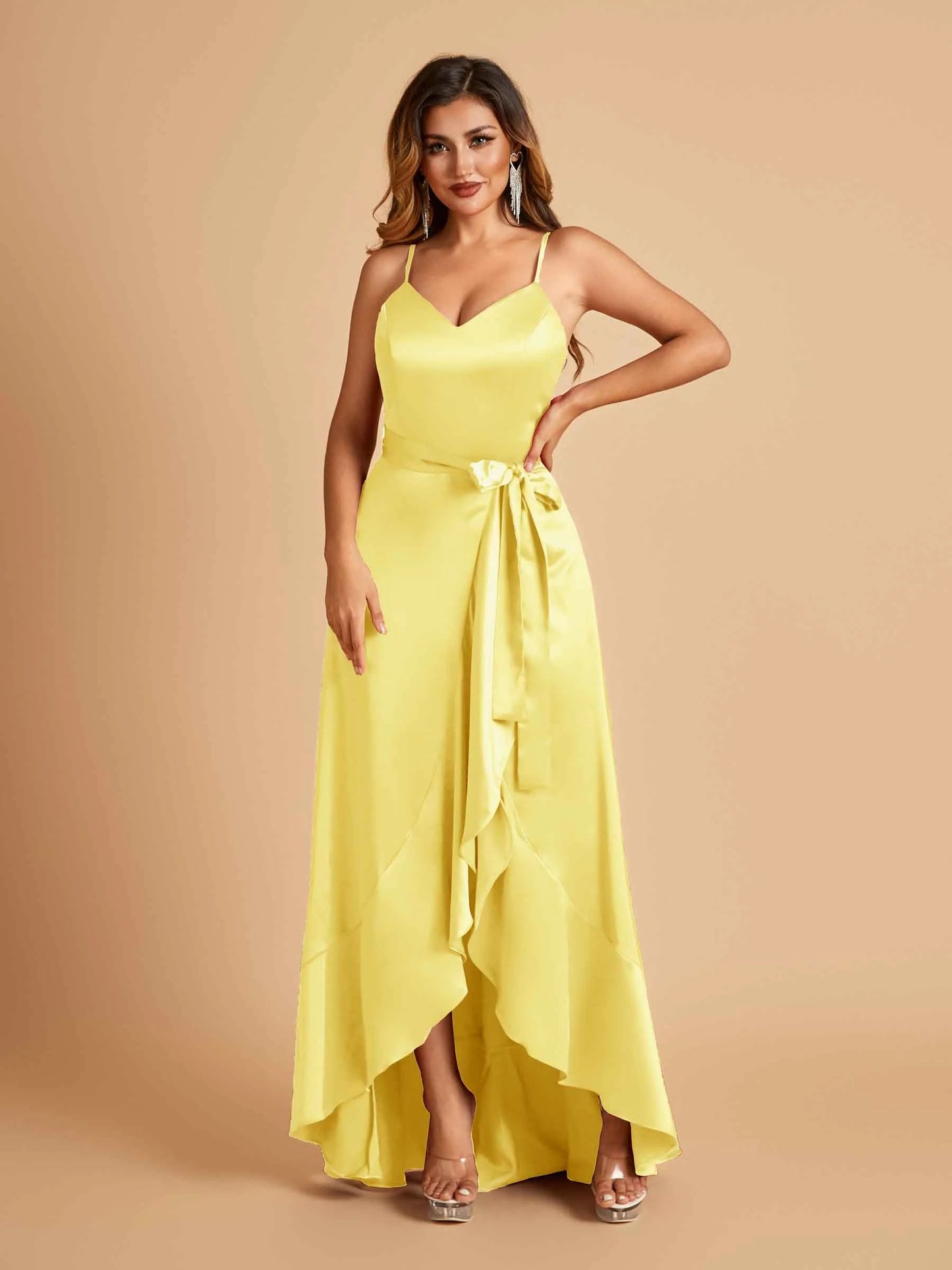 Satin Asymmetric V-neck Bridesmaid Dresses Sleeveless Side Slit A-line Unique For Sale