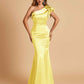Satin One-shoulder Bridesmaid Dresses Ruffle Sleeves Mermaid Floor Length For Sale