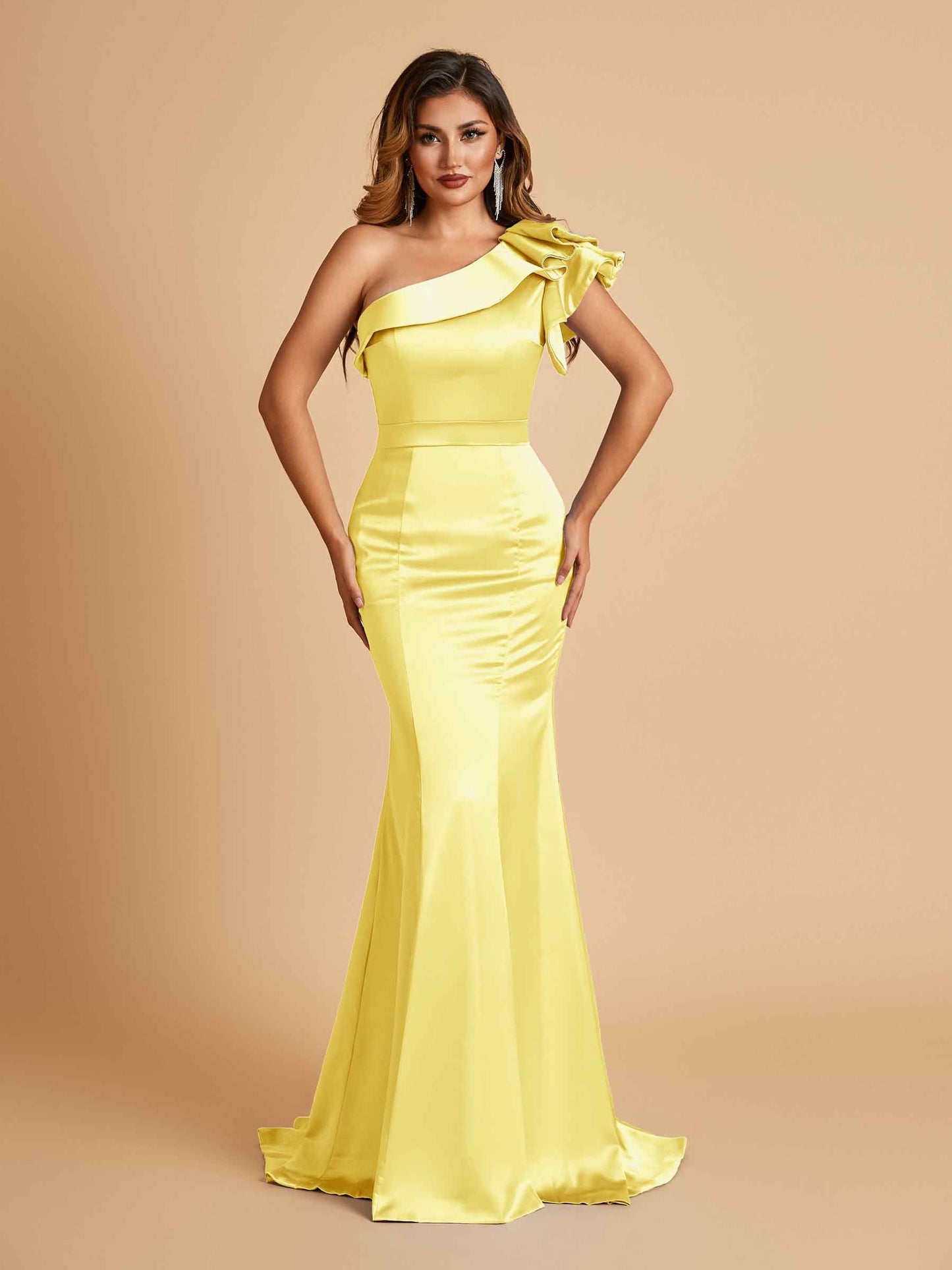 Satin One-shoulder Bridesmaid Dresses Ruffle Sleeves Mermaid Floor Length For Sale