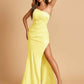 Sexy Strapless Long Bridesmaid Dresses Satin Side Slit Pleats Floor Length Sheath