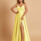 Satin A-line Long Prom Dresses Spaghetti Straps V-neck Side Slit Floor Length
