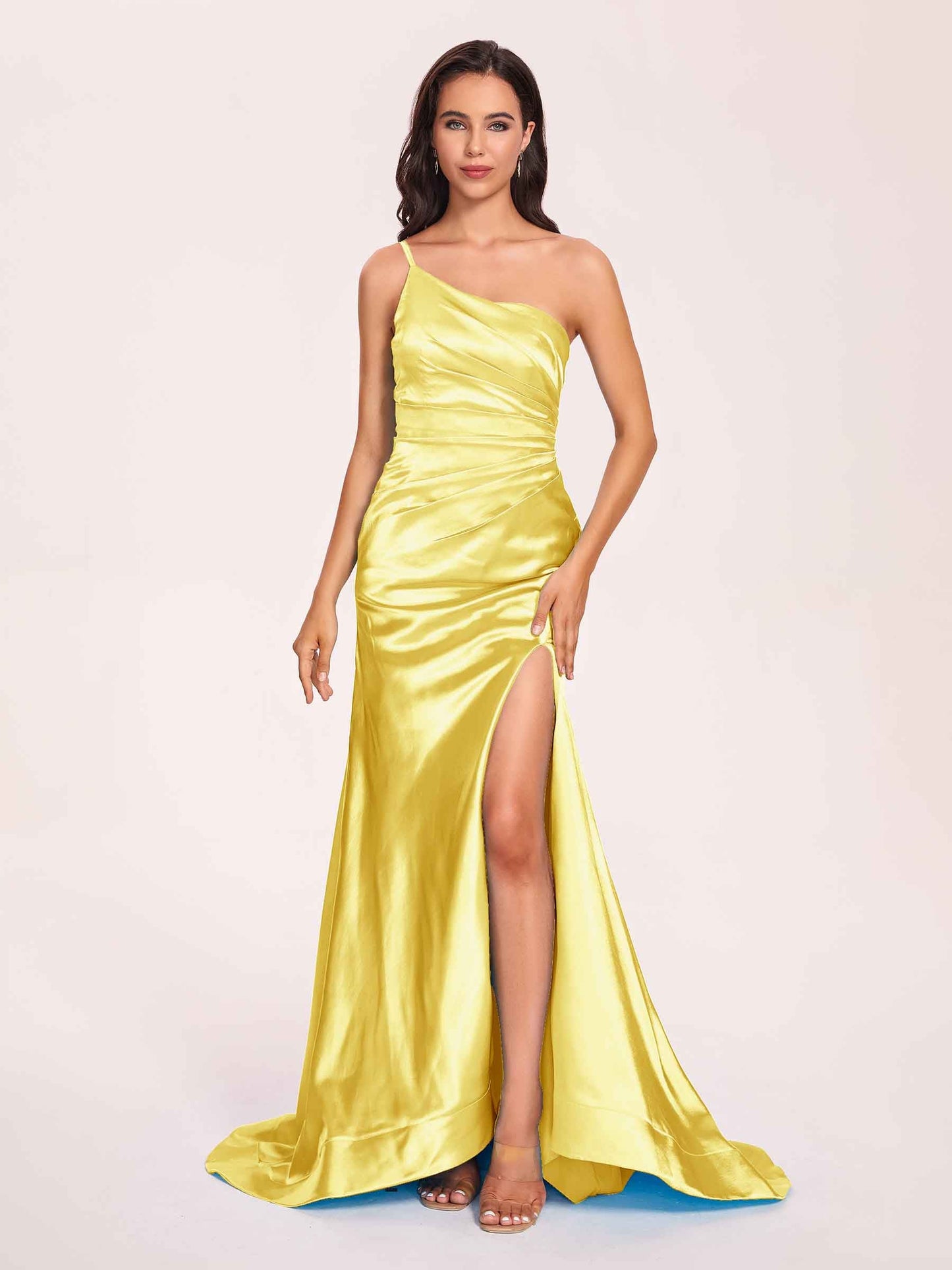 Satin One-shoulder Mermaid Prom Dresses Side Slit Pleats Floor Length