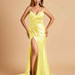 Satin Mermaid V-neck Prom Dresses Spaghetti Straps Side Slit Floor Length