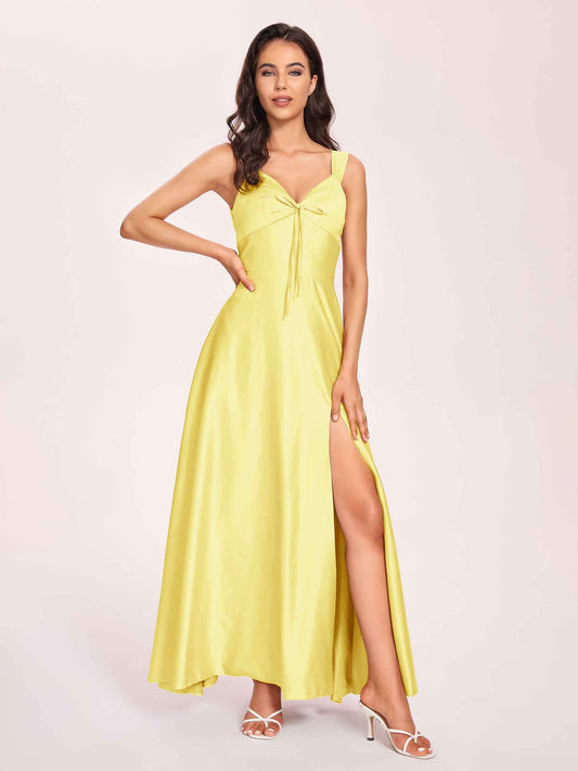 Satin V-neck A-line Bridesmaid Dresses Side slit Floor Length