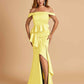 Satin Mermaid Off Shoulder Prom Dresses With Ruffles Side Slit Floor Length