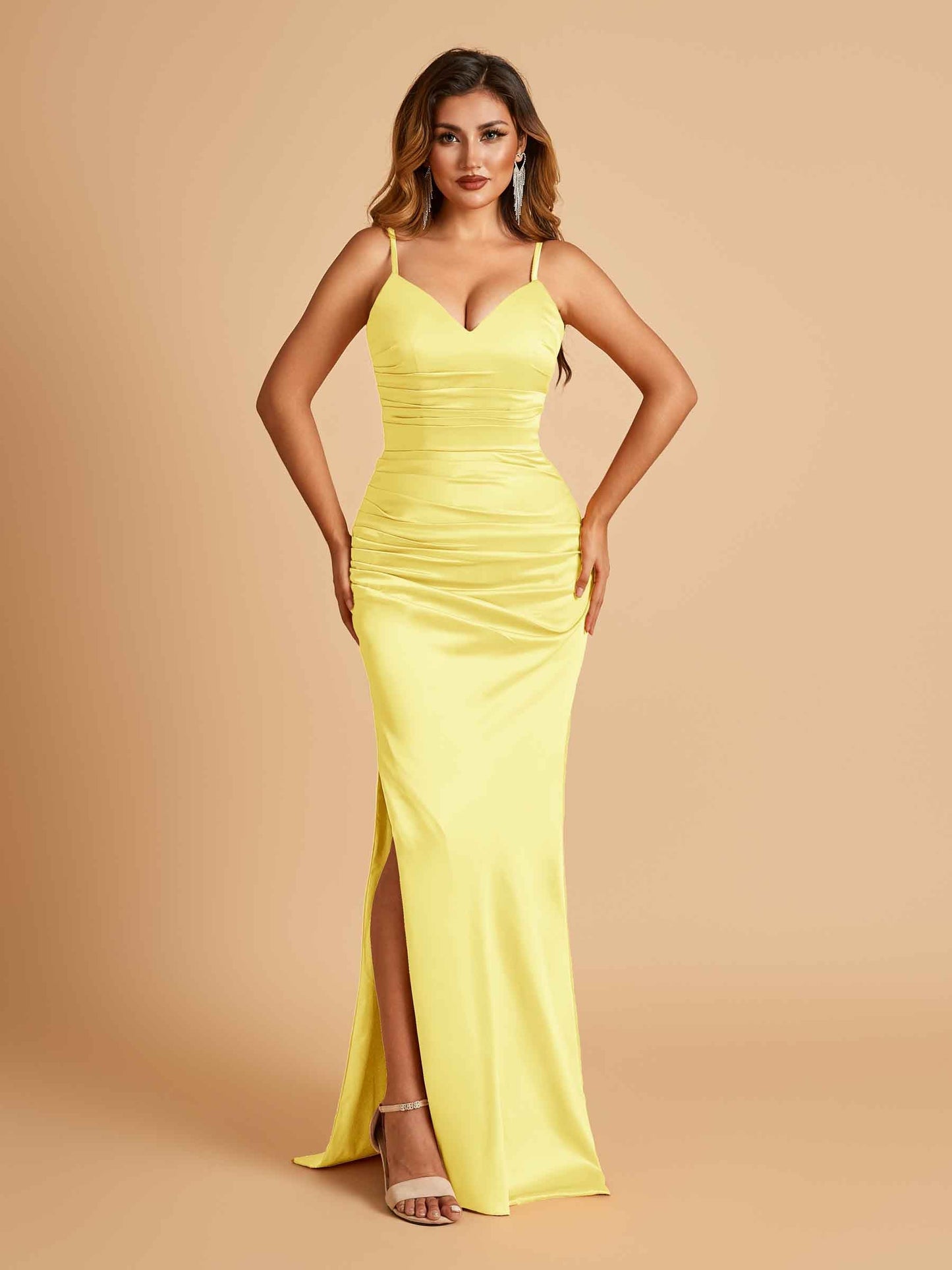 Satin Mermaid Long Bridesmaid Dresses Spaghetti Straps V-neck Side Slit Floor Length For Sale