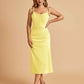 Sexy Satin Midi Prom Dresses Spaghetti Straps Slip Scoop Side Slit