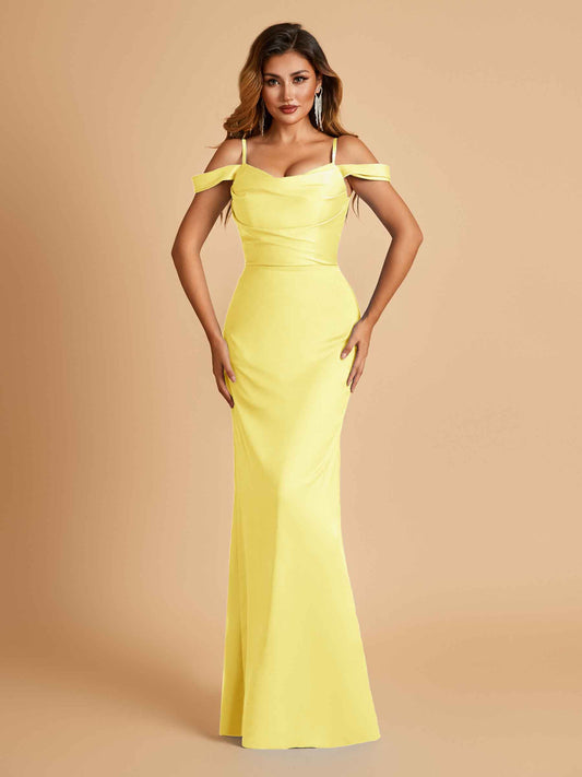 Sexy Off Shoulder Mermaid Long Bridesmaid Dresses Satin Spaghetti Straps Floor Length