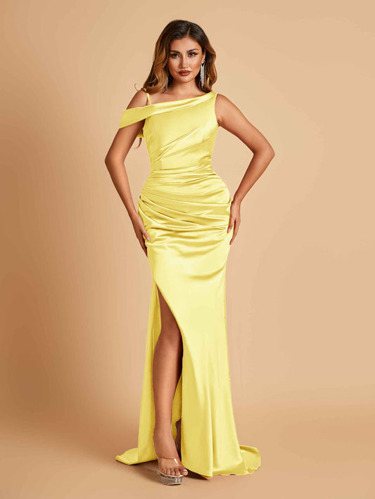 Unique Satin One Shoulder Bridesmaid Dresses Side Slit Half Open Back Floor Length