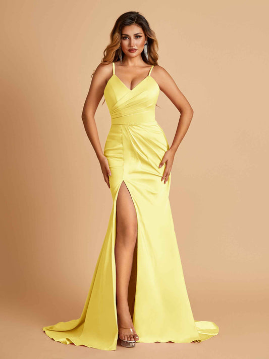 Sexy Mermaid Bridesmaid Dresses Spaghetti Straps Satin Side Slit Pleats Floor Length