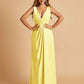 Sexy Satin Deep V-neck Long Bridesmaid Dresses A-line Pleats Sleeveless Floor Length