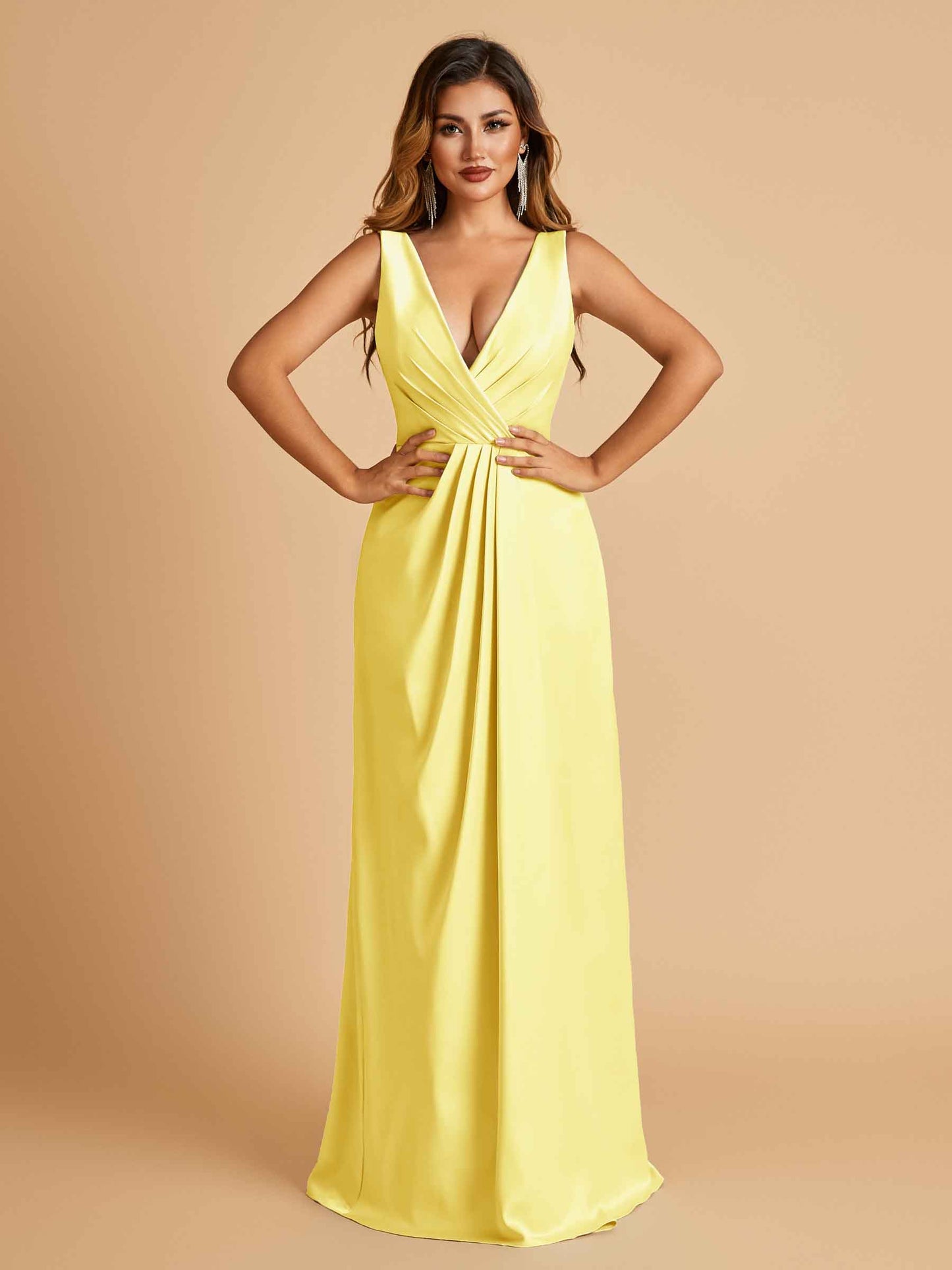 Sexy Satin Deep V-neck Long Bridesmaid Dresses A-line Pleats Sleeveless Floor Length