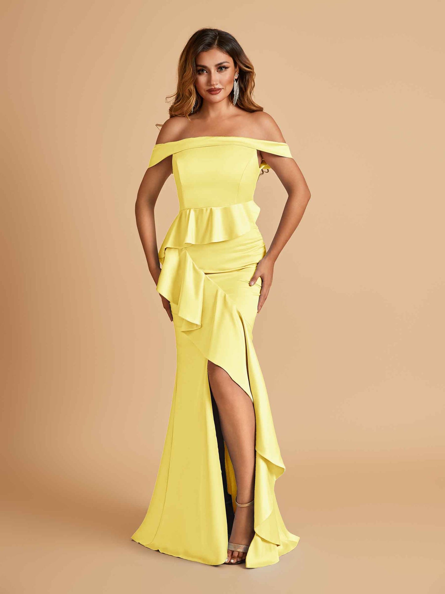 Satin Mermaid Off Shoulder Bridesmaid Dresses With Ruffles Side Slit Floor Length