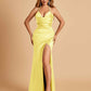 Sexy Satin Halter Straps Sheath Prom Dresses Side Slit Pleats Floor Length