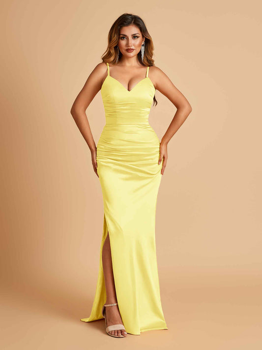 Satin Mermaid Long Bridesmaid Dresses Spaghetti Straps V-neck Side Slit Floor Length