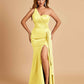 Satin One Shoulder Mermaid Prom Dresses Side Slit Floor Length