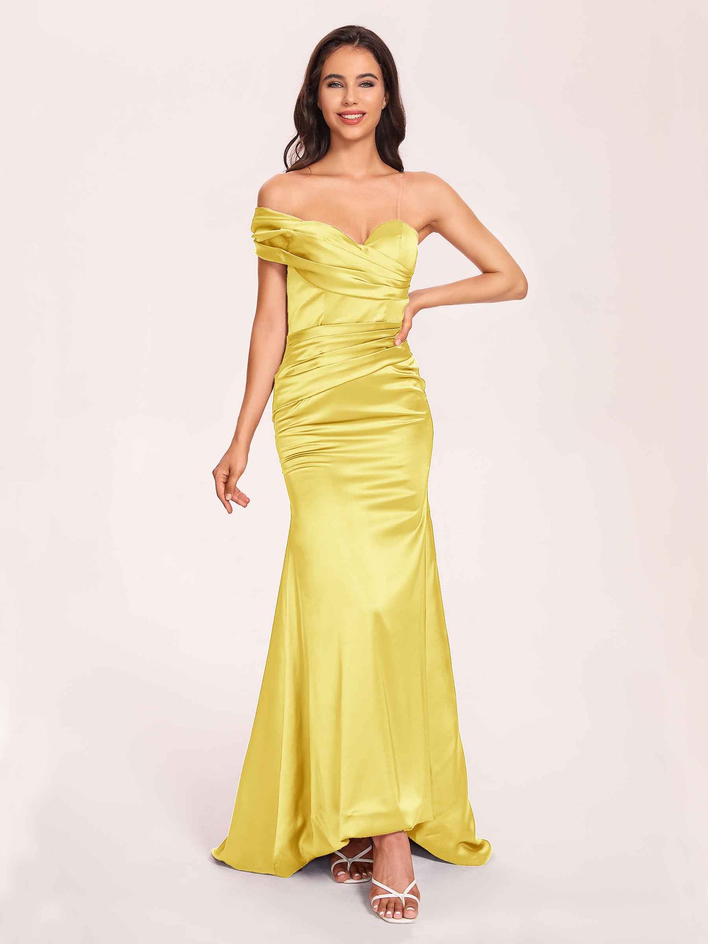 Satin One-shoulder Bridesmaid Dresses Pleats Floor Length Mermaid Long