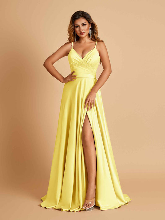 Satin A-line Long Bridesmaid Dresses Spaghetti Straps V-neck Side Slit Floor Length