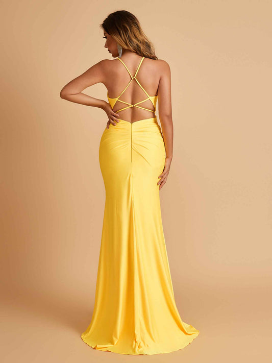 Sexy Jersey Spaghetti Straps Bridesmaid Dresses V-neck Mermaid Criss-cross Back Floor Length
