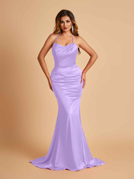 Sexy Satin Mermaid Bridesmaid Dresses Spaghetti Straps Scoop Criss-cross Back