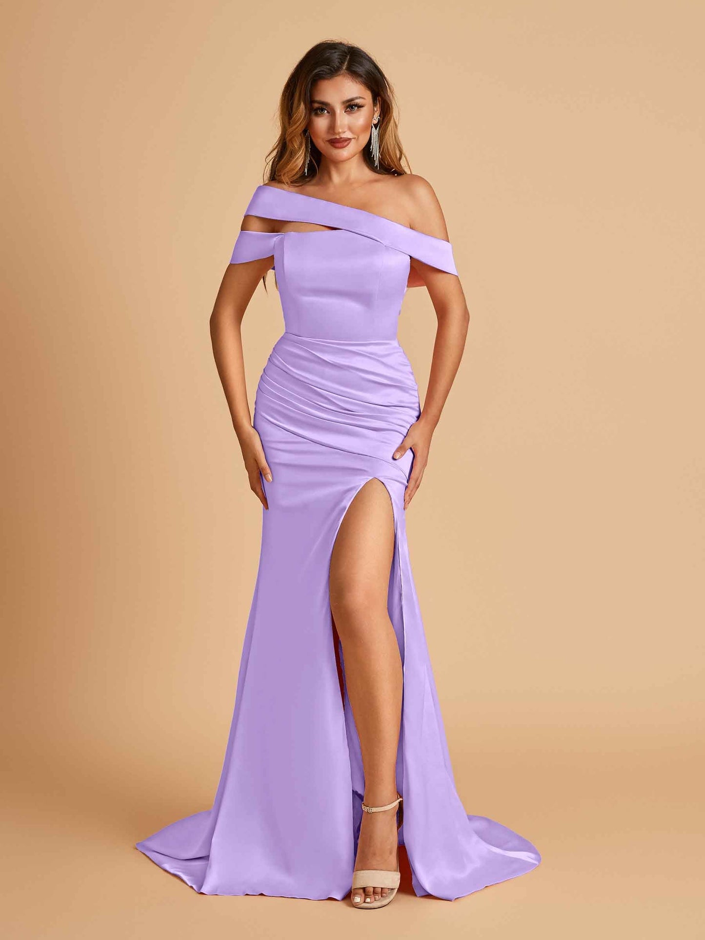 Unique Satin Mermaid Prom Dresses With Off Shoulder Straps Side Slit Floor Length