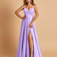 Satin A-line Long Prom Dresses Spaghetti Straps V-neck Side Slit Floor Length