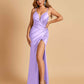 Sexy Satin Spaghetti Straps Prom Dresses V-neck Side Slit Pleats Floor Length Sheath