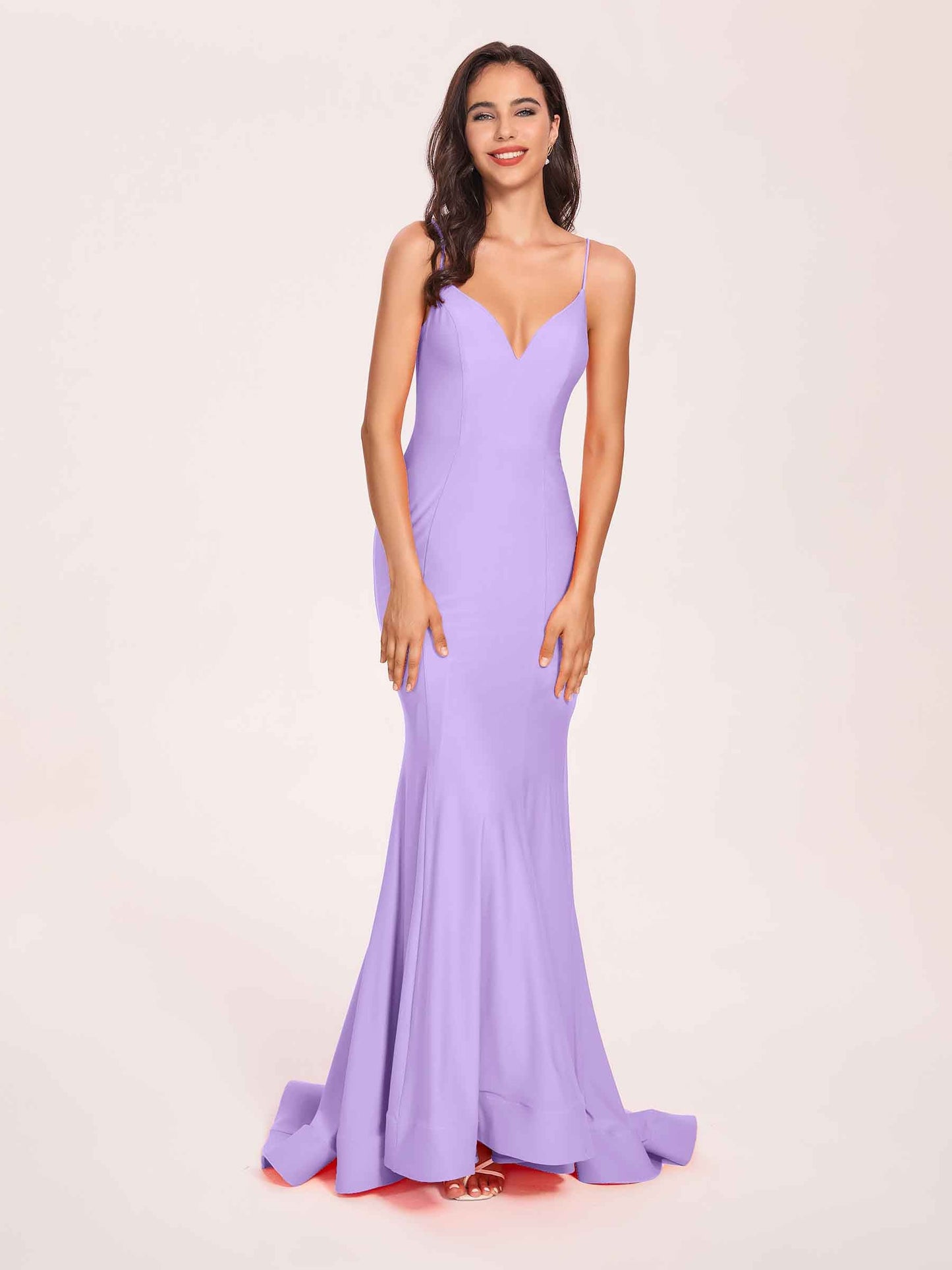 Sexy Satin Mermaid Prom Dresses Spaghetti Straps V-neck Floor Length Lace-up Back