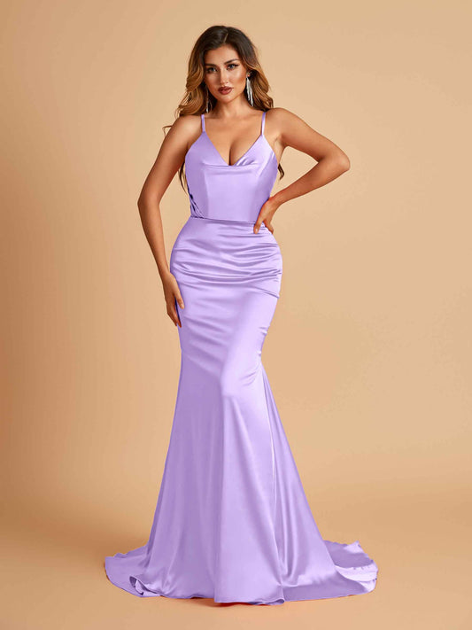 Sexy Satin Mermaid Bridesmaid Dresses Spaghetti Straps V-neck Pleats Floor Length