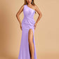 Unique Satin One Shoulder Sheath Bridesmaid Dresses Open Back Side Slit Floor Length