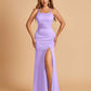 Satin Mermaid Long Bridesmaid Dresses Spaghetti Straps Scoop Side Slit Criss-cross Back