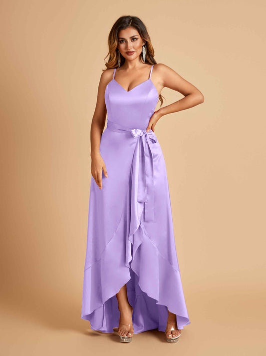 Satin Asymmetric V-neck Bridesmaid Dresses Sleeveless Side Slit A-line Unique