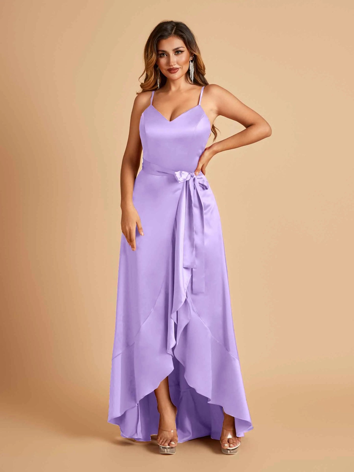 Satin Asymmetric V-neck Bridesmaid Dresses Sleeveless Side Slit A-line Unique For Sale