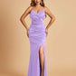Sexy Satin Mermaid Bridesmaid Dresses Spaghetti Straps V-neck Side Slit Floor Length