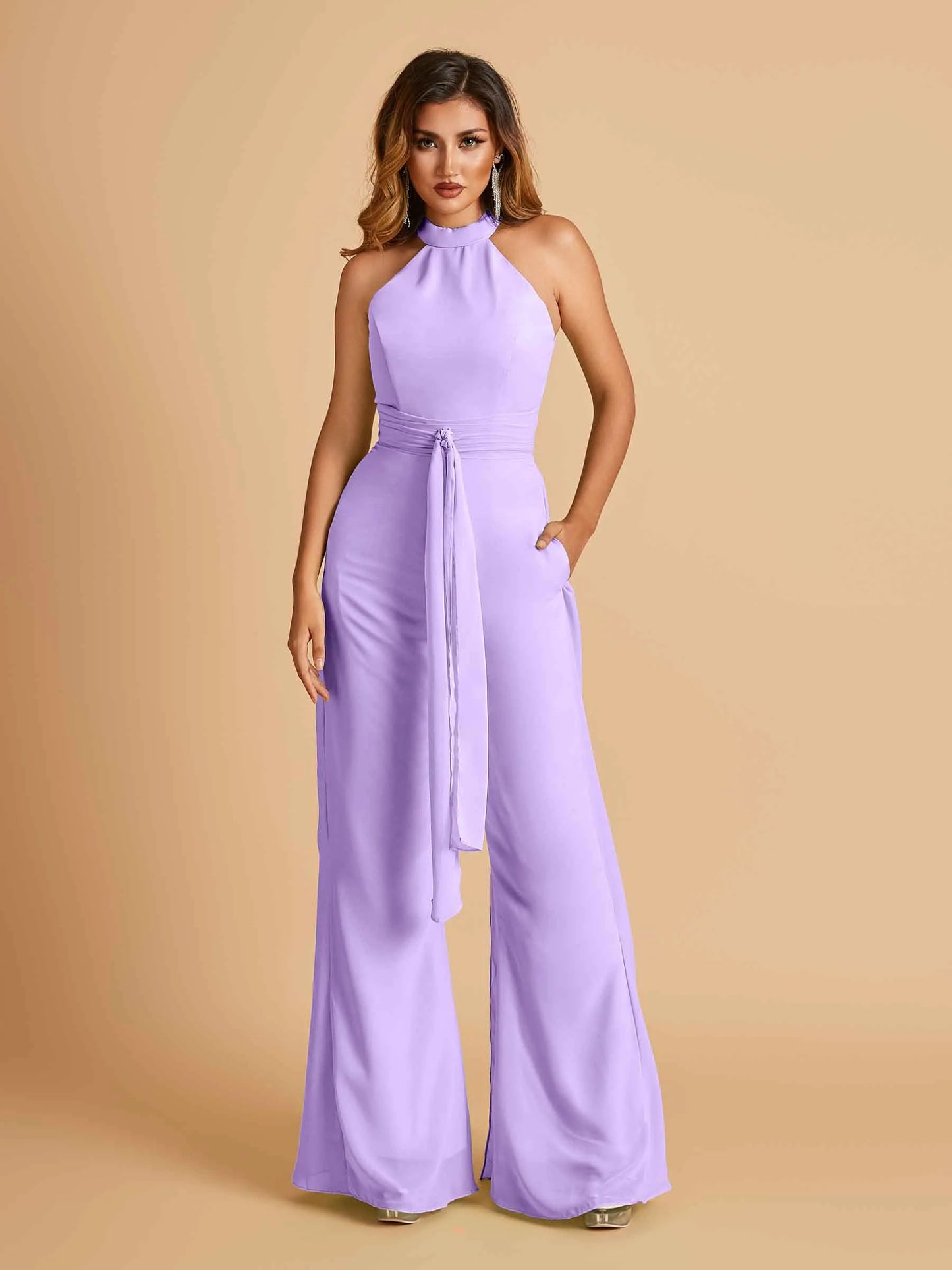Chiffon Bridesmaid Jumpsuit Jewel Neck Sleeveless Floor Length With Pockets For Sale