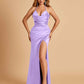 Sexy Satin Halter Straps Sheath Prom Dresses Side Slit Pleats Floor Length