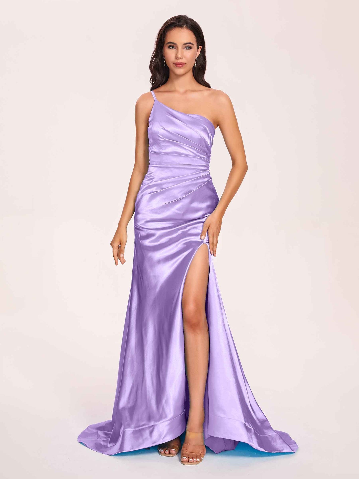 Satin One-shoulder Mermaid Prom Dresses Side Slit Pleats Floor Length
