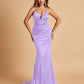 Satin Mermaid Open-back Prom Dresses Spaghetti Straps V-neck With Pleats Floor Length