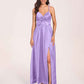 Satin Spaghetti Straps A-line Bridesmaid Dresses Side Slit Floor Length