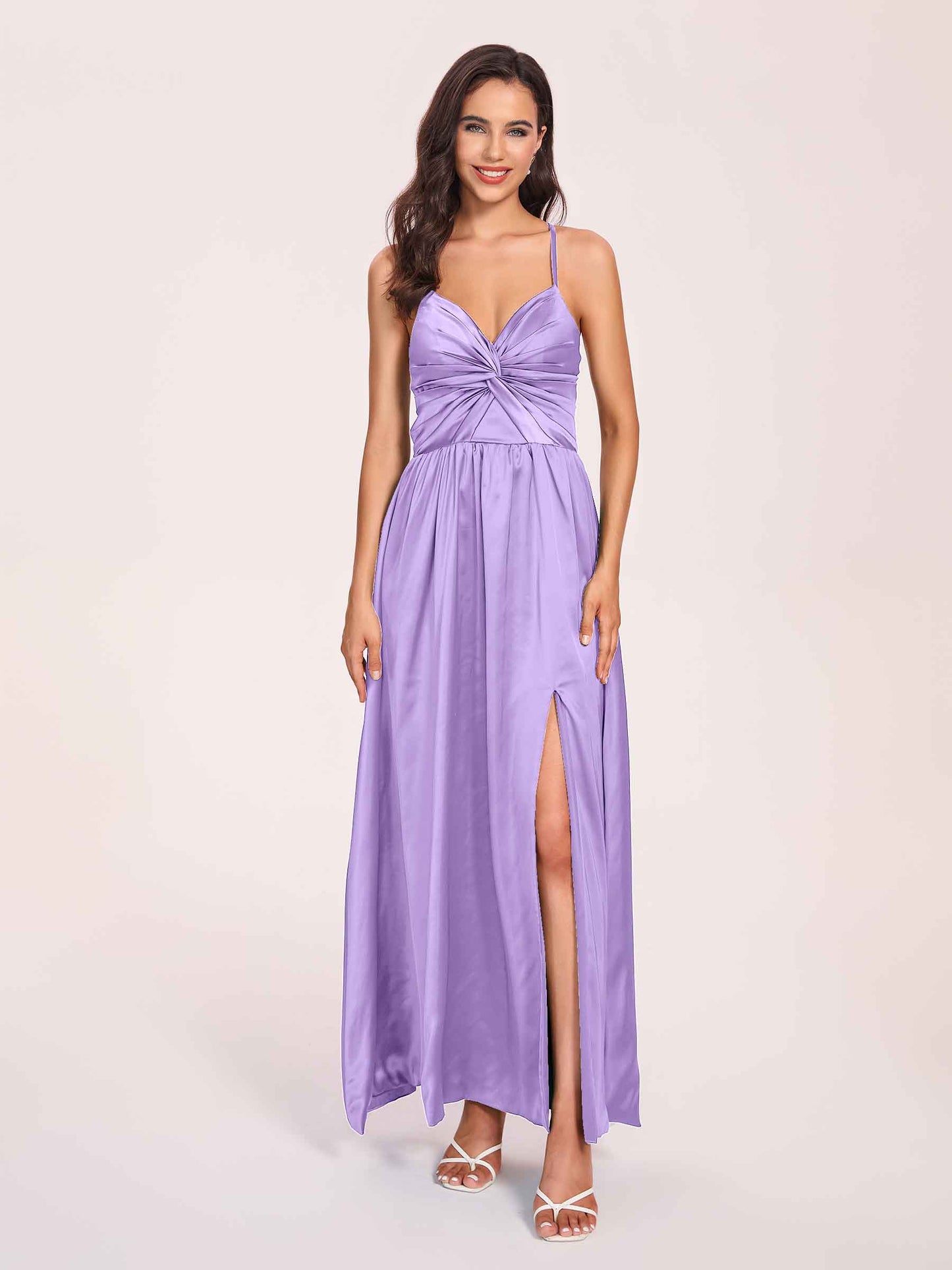 Satin Spaghetti Straps A-line Bridesmaid Dresses Side Slit Floor Length