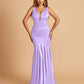 Satin Deep V-neck Mermaid Bridesmaid Dresses Half Open Back Floor Length