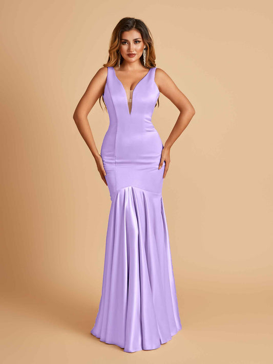 Satin Deep V-neck Mermaid Bridesmaid Dresses Half Open Back Floor Length