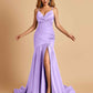 Sexy Satin Mermaid Open Back Prom Dresses Spaghetti Straps V-neck Side Slit