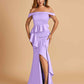 Satin Mermaid Off Shoulder Bridesmaid Dresses With Ruffles Side Slit Floor Length