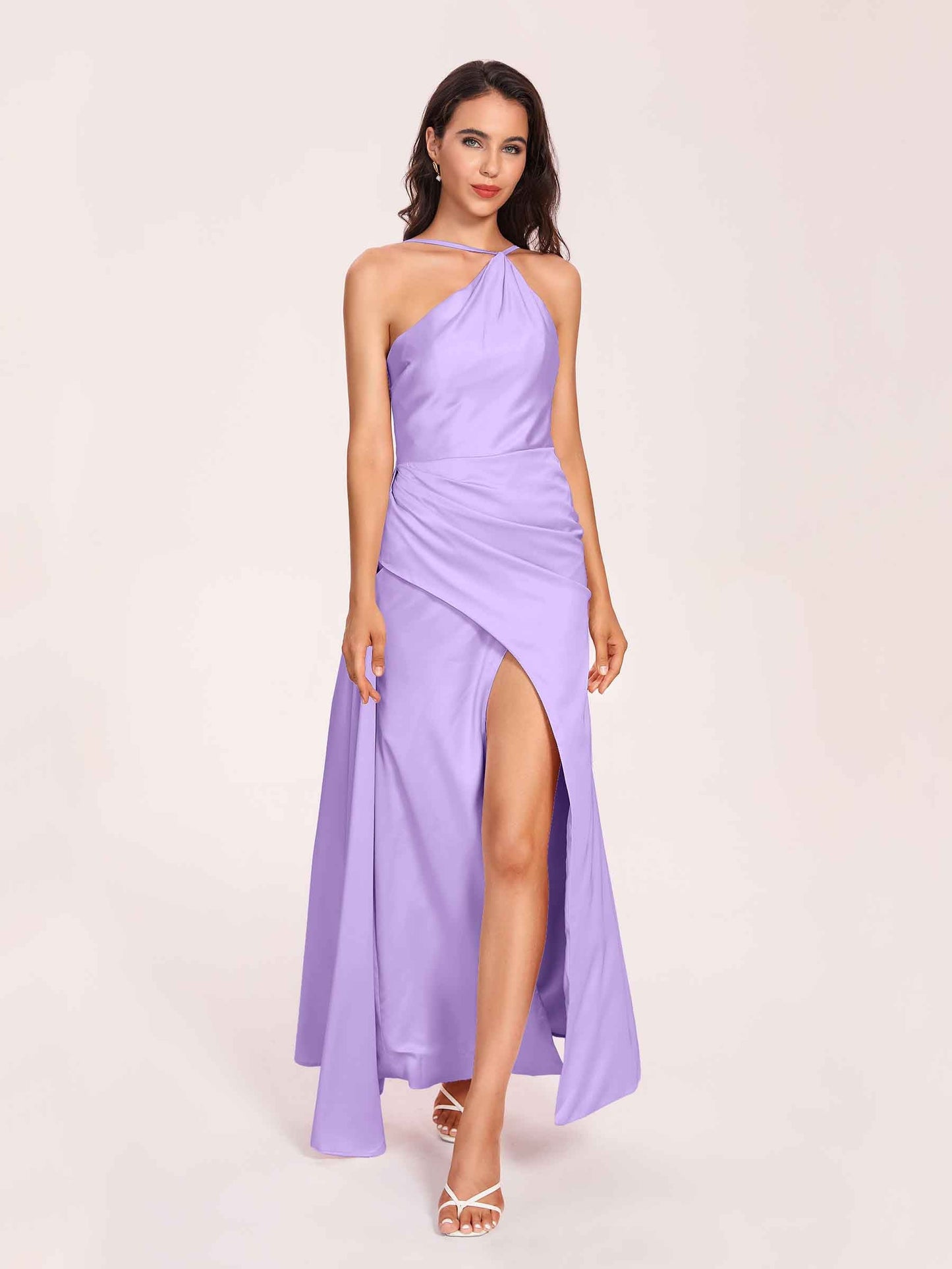 Sexy Satin Halter Strap Sheath Prom Dresses Side Slit Pleats Floor Length